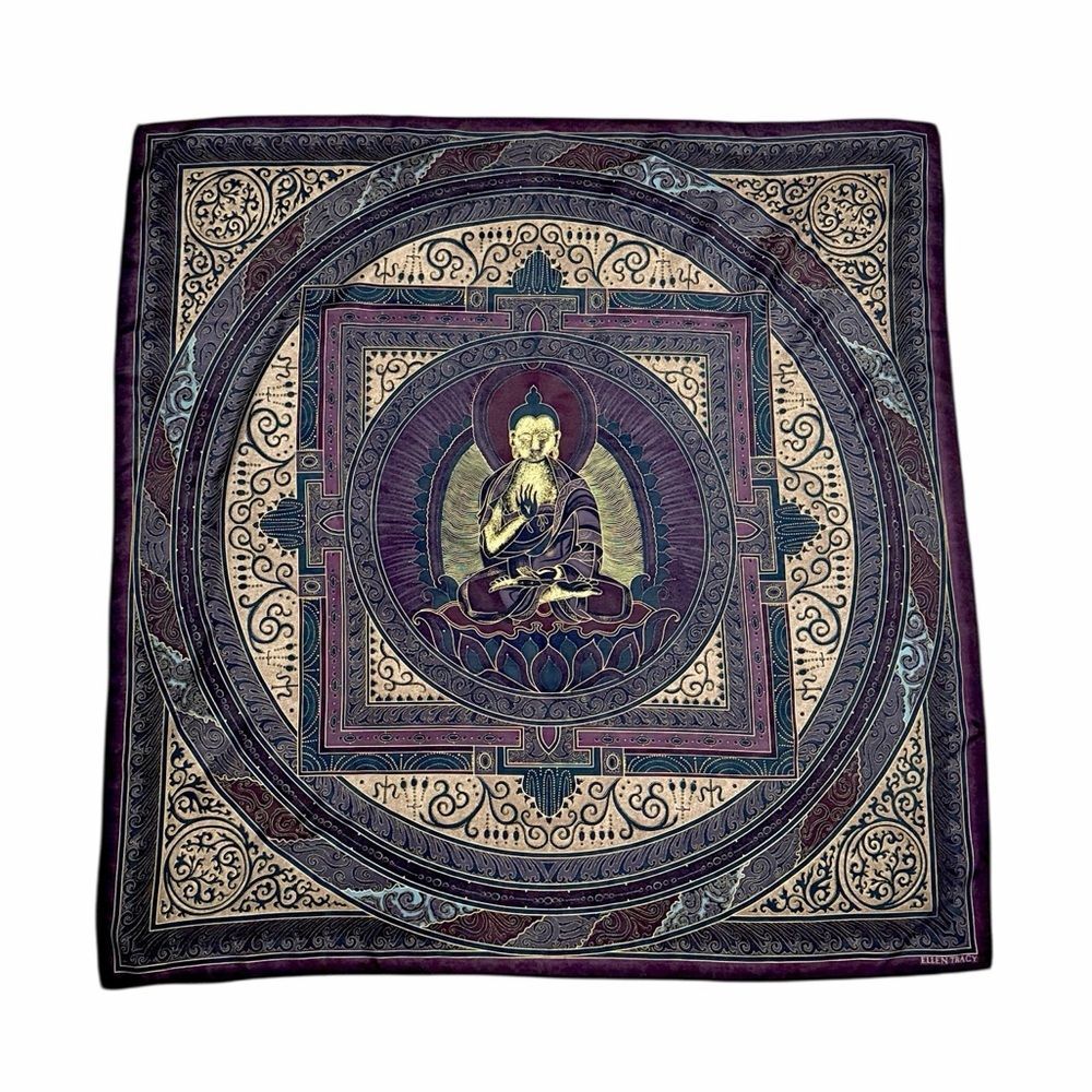 Linda Allard Ellen Tracy Silk Scarf Buddha Mandala Print Plum Bronze Korea Vtg